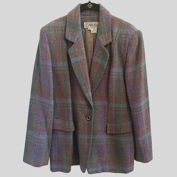 Vintage Carlisle Wool Tweed Blazer Jacket 10 Made in Hong Kong Plaid One Button - Picture 3 of 6